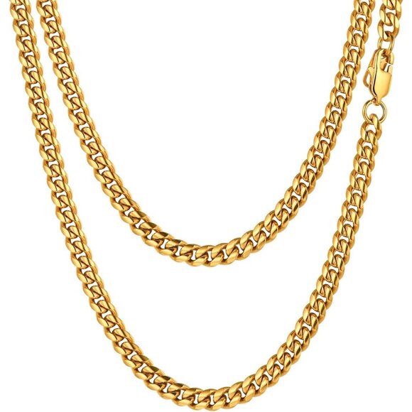 316L Stainless Steel Figaro Cuban Chain Necklace for Men Black/18K Real Gold Pl